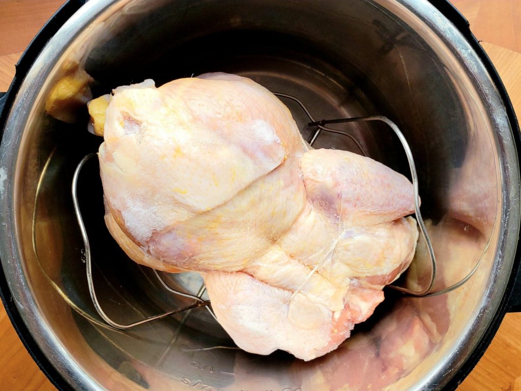 Frozen whole chicken in the Instant Pot, on rack