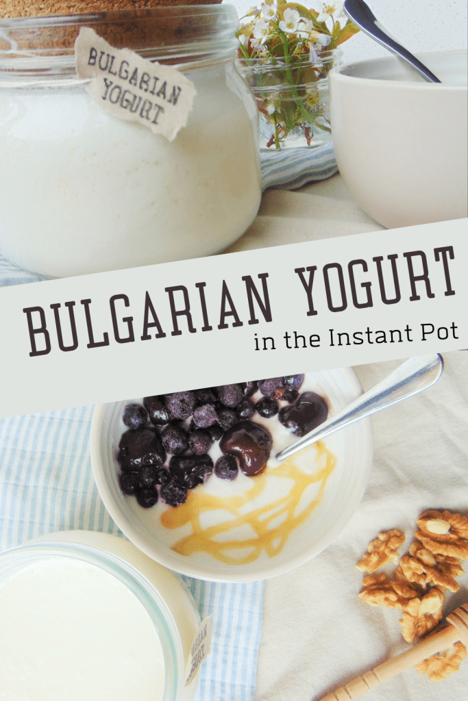 Instant Pot Bulgarian yogurt in jar and bowl with berries, honey and nuts on beige and light blue background
