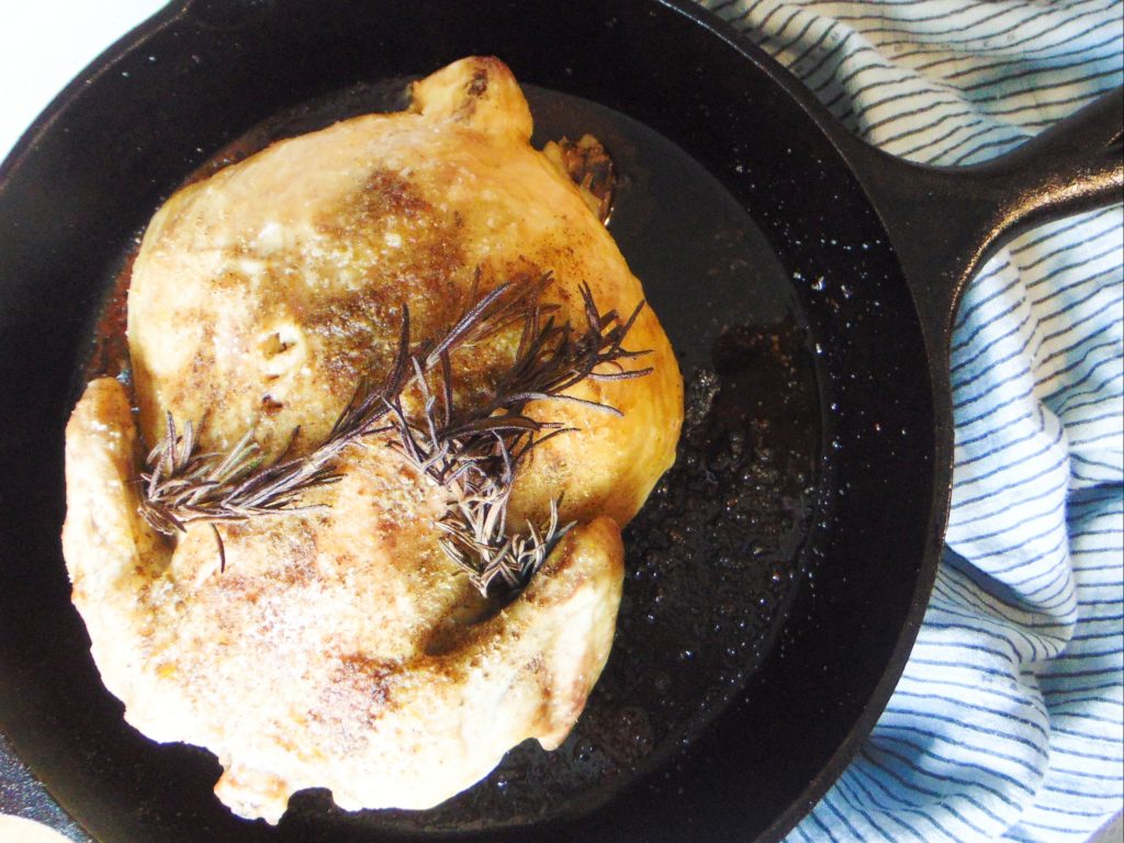 Roasted chicken in cast iron skillet