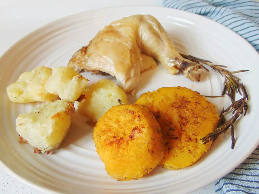 Chicken leg on plate with roasted squash and potatoes