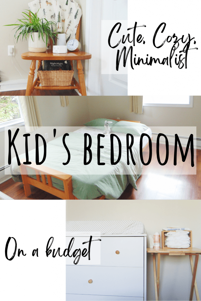 Cute and cozy minimalist kid's bedroom  on a budget showing chair used as nightstand, bed with green bedding, white dresser 