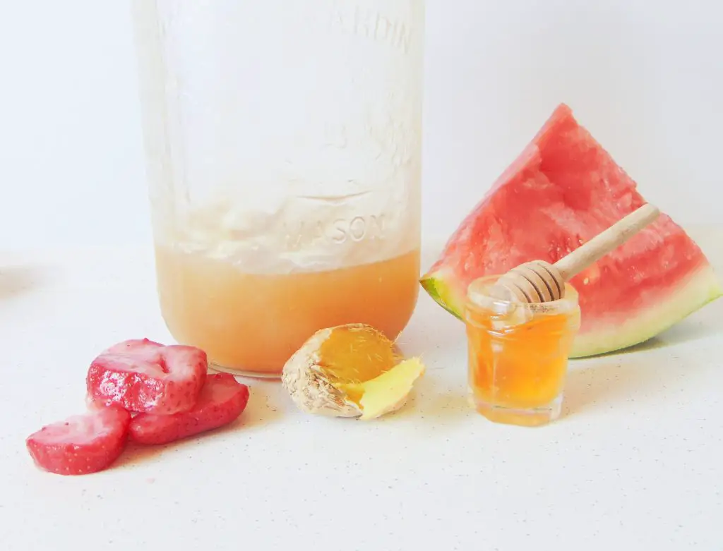 Bone broth, ginger, honey, watermelon and strawberries on white surface and background