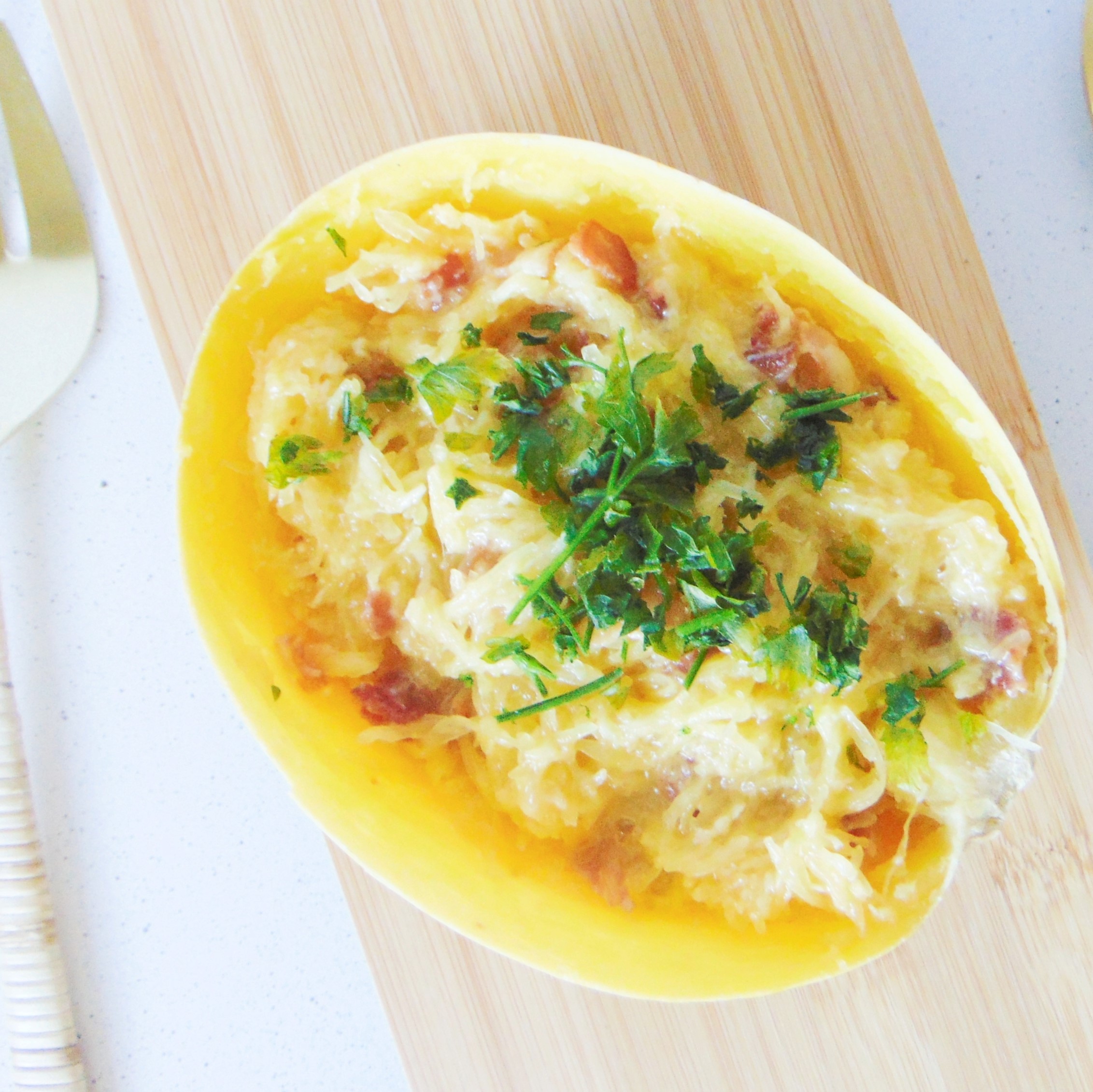 Spaghetti Squash Carbonara (Grain-free, Keto)