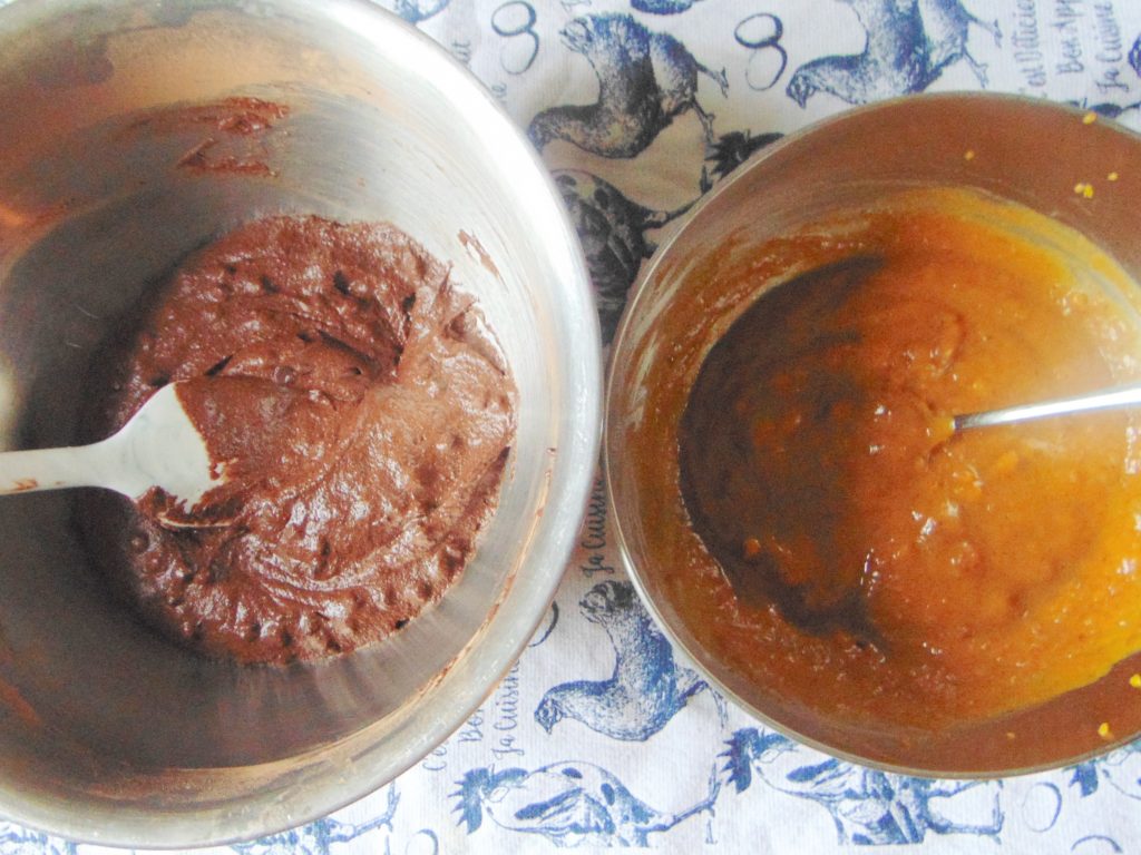 Chocolate batter and pumpkin swirl batter used to assemble this Pumpkin Swirled Chocolate Loaf Cake 