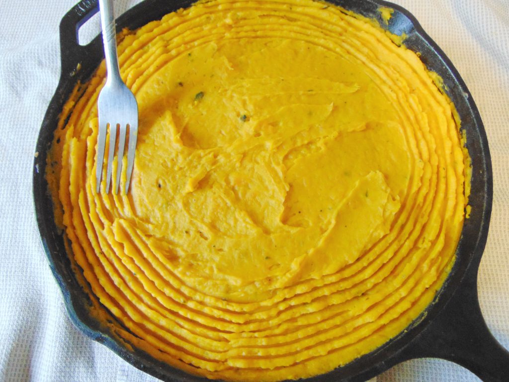 Steps in making Sheperd's Pie with mushrooms and squash