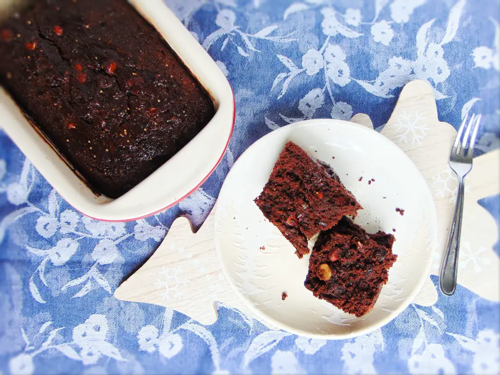 Fruit and Chocolate Christmas Cake (Gluten-Free, Paleo) in pan and on plate