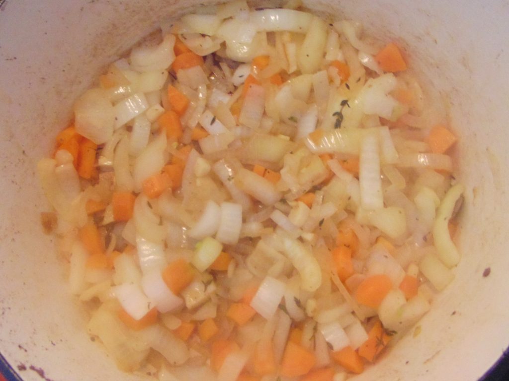Sauteing onions and carrots for making gluten-free Steak and Kidney Pie 