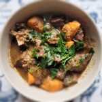 beef heart stew in grey bowl