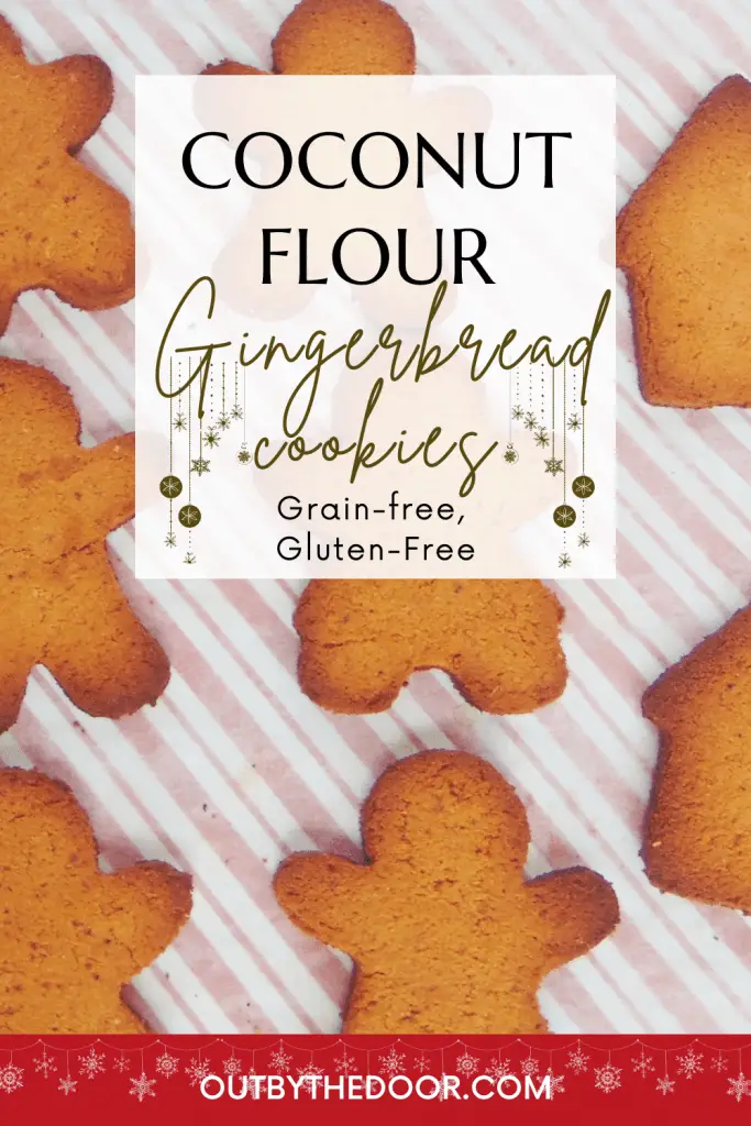 Coconut flour gingerbread man cookies on red and white striped background