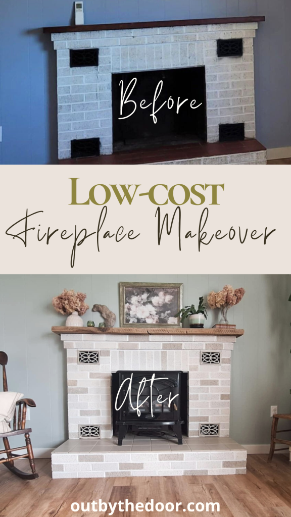 Low-cost fireplace makeover pin with before and after pictures